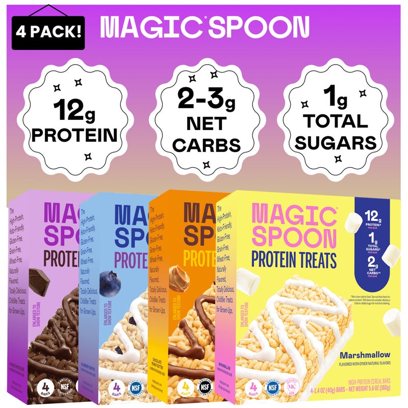 MAGIC SPOON Treats - High Protein Bars, Low Carb, Keto Friendly, 1g of Sugar, Gluten Free, Crispy Treat Cereal Bar, On-The-Go Healthy Snack (4 each of Marshmallow, Chocolate PB, Blueberry Muffin, Double Chocolate) - Image 1